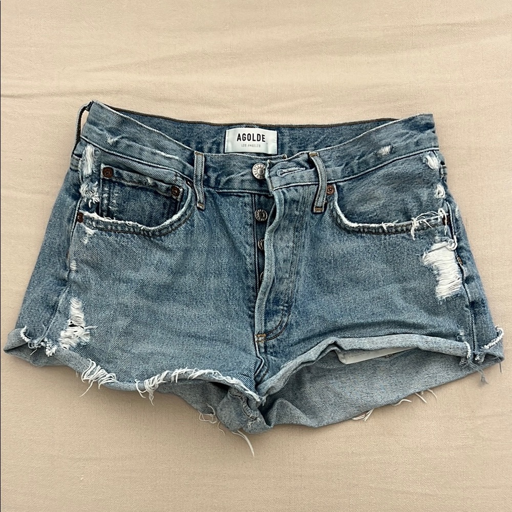 Agolde Blue Distressed Jean Shorts High-Rise
